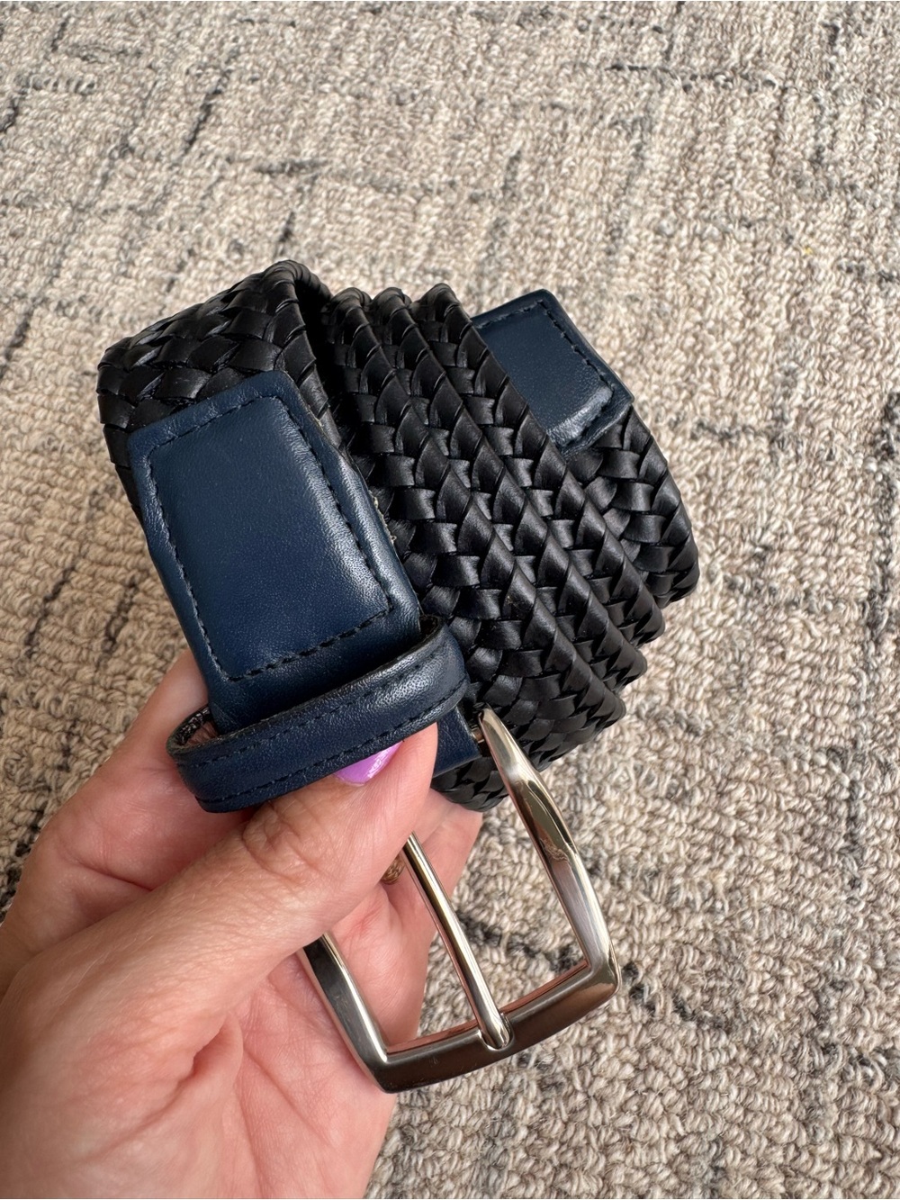 Torino Italian Woven Stretch Leather Navy Belt 38